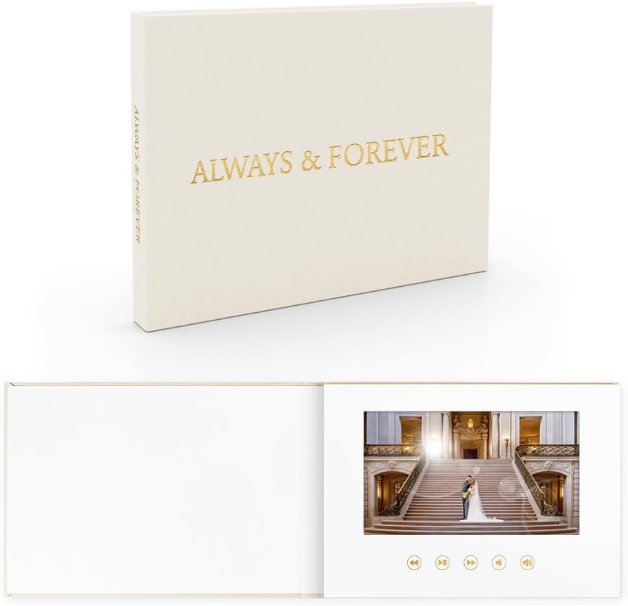 OUR WEDDING - GOLD FOIL Luxury Linen Bound Video Book Video Album Up to 2.5 hours of video, 7” IPS Display, 4GB of memory & Rechargeable Battery (OUR WEDING), White