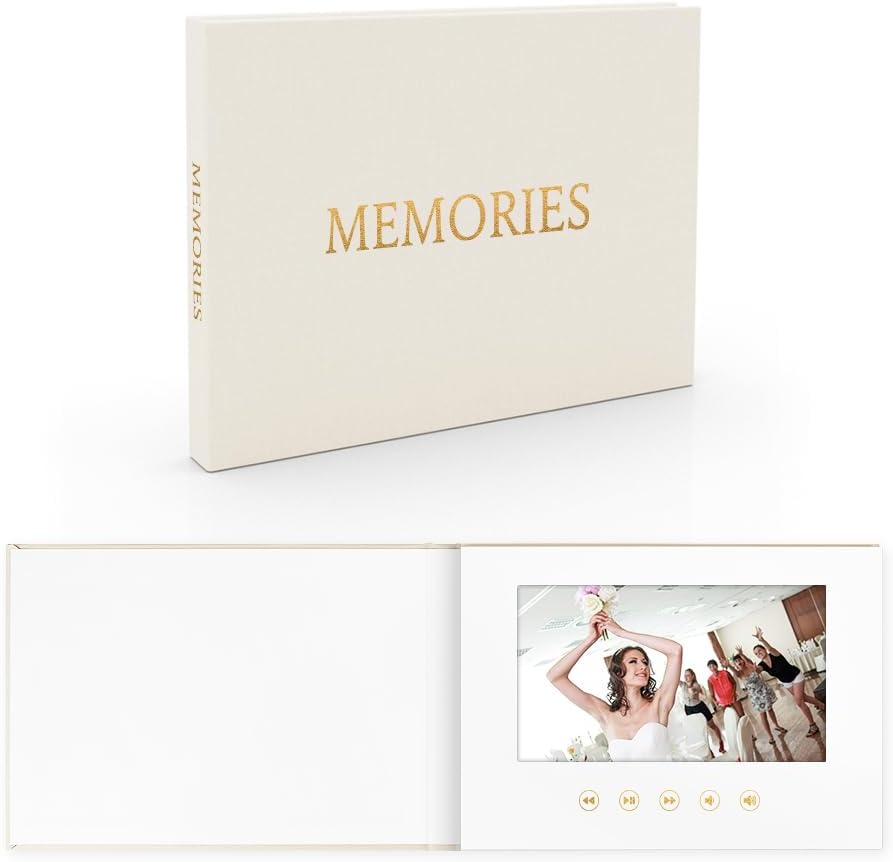 OUR WEDDING - GOLD FOIL Luxury Linen Bound Video Book Video Album Up to 2.5 hours of video, 7” IPS Display, 4GB of memory & Rechargeable Battery (OUR WEDING), White