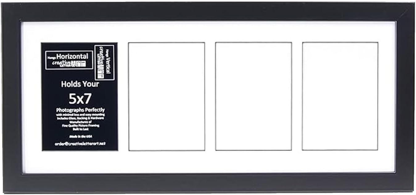 Creative Letter Art - 4 Opening 5x7 Black Picture Frame with 10x24-inch Black Mat Collage including Full Strength Glass, Alphabet Photography