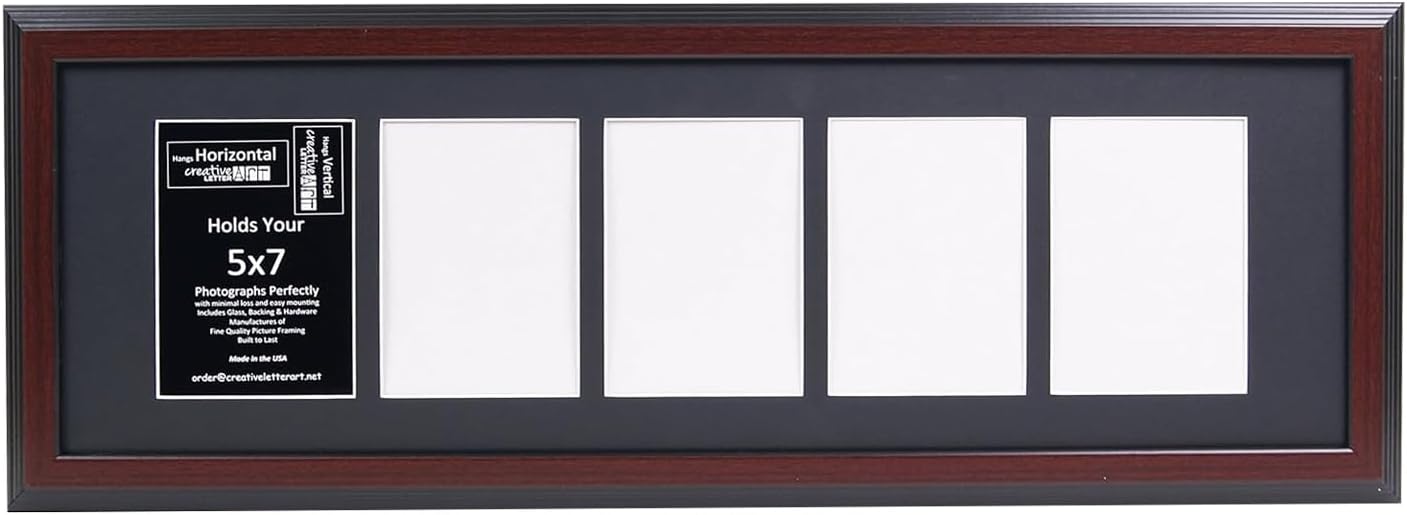 Creative Letter Art - 4 Opening 5x7 Black Picture Frame with 10x24-inch Black Mat Collage including Full Strength Glass, Alphabet Photography