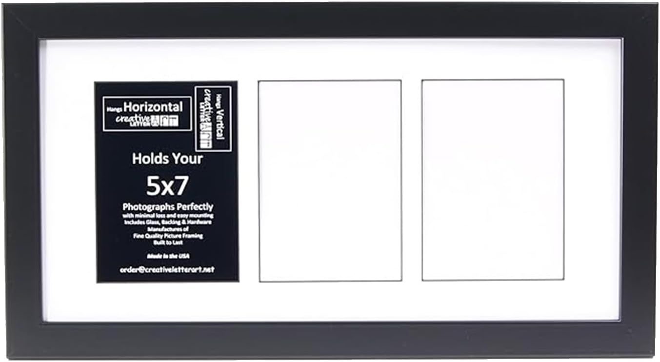 Creative Letter Art - 4 Opening 5x7 Black Picture Frame with 10x24-inch Black Mat Collage including Full Strength Glass, Alphabet Photography