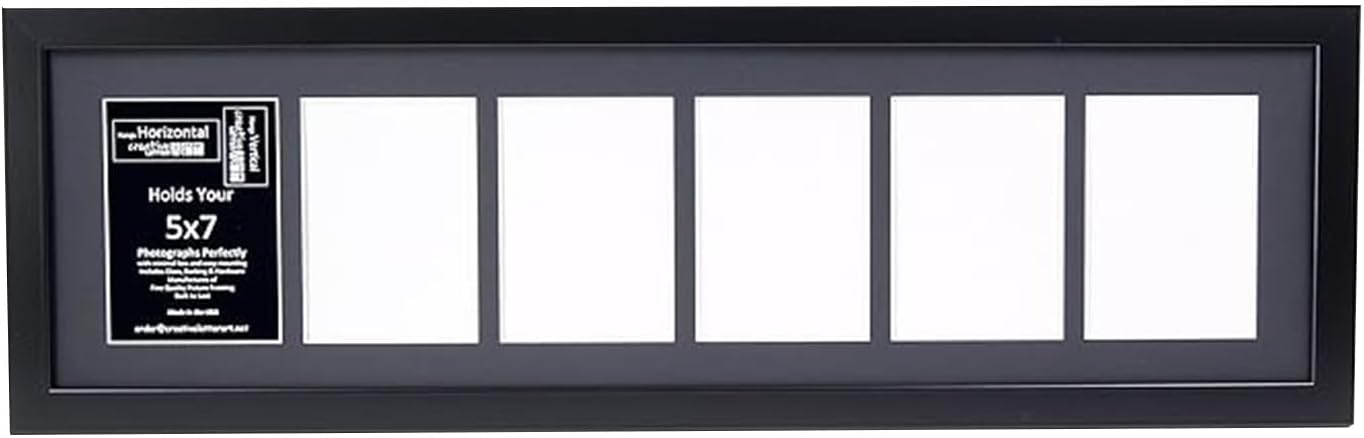 Creative Letter Art - 4 Opening 5x7 Black Picture Frame with 10x24-inch Black Mat Collage including Full Strength Glass, Alphabet Photography