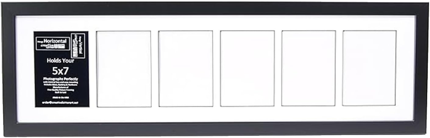 Creative Letter Art - 4 Opening 5x7 Black Picture Frame with 10x24-inch Black Mat Collage including Full Strength Glass, Alphabet Photography