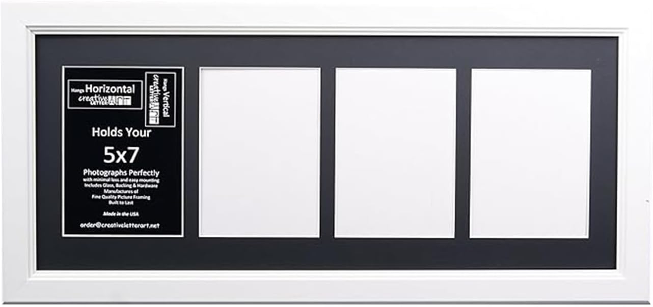 Creative Letter Art - 4 Opening 5x7 Black Picture Frame with 10x24-inch Black Mat Collage including Full Strength Glass, Alphabet Photography