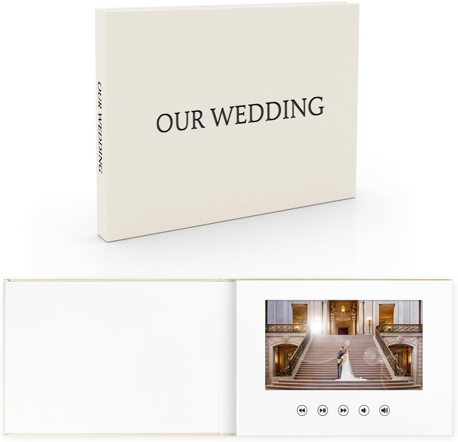 OUR WEDDING - GOLD FOIL Luxury Linen Bound Video Book Video Album Up to 2.5 hours of video, 7” IPS Display, 4GB of memory & Rechargeable Battery (OUR WEDING), White
