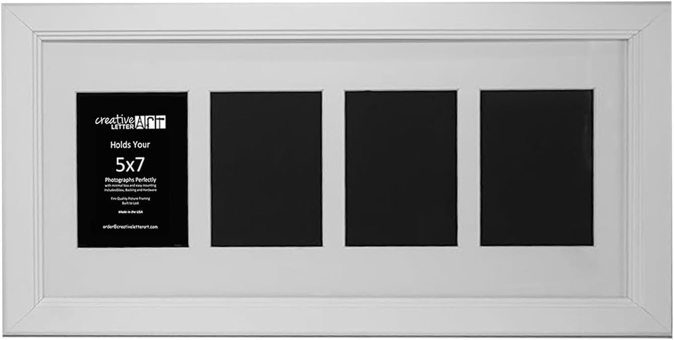 Creative Letter Art - 4 Opening 5x7 Black Picture Frame with 10x24-inch Black Mat Collage including Full Strength Glass, Alphabet Photography