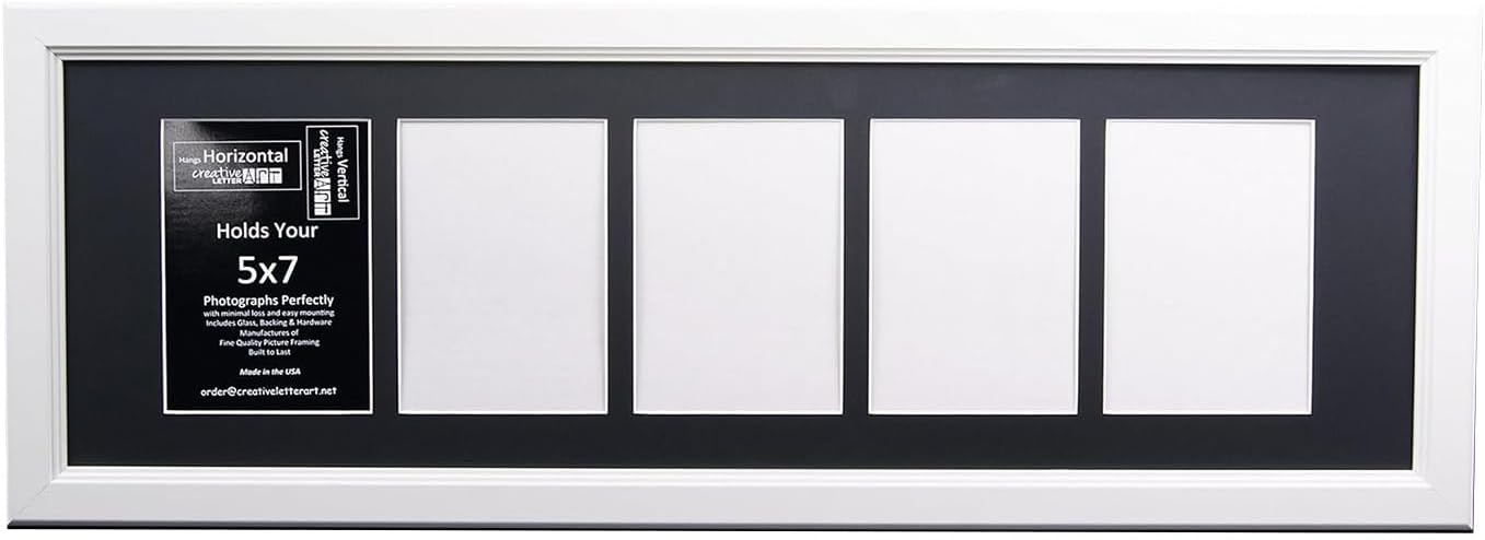 Creative Letter Art - 4 Opening 5x7 Black Picture Frame with 10x24-inch Black Mat Collage including Full Strength Glass, Alphabet Photography