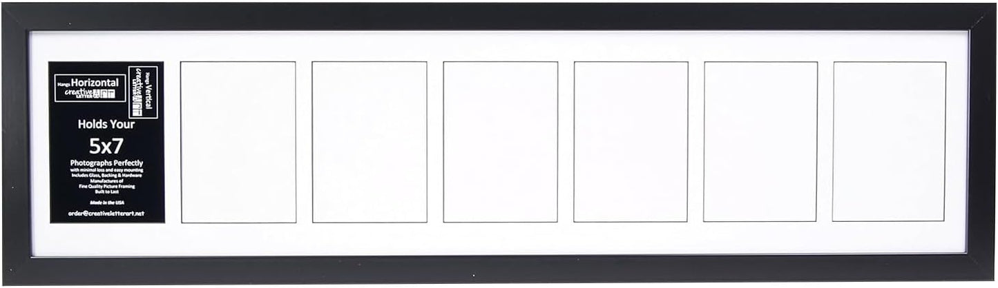 Creative Letter Art - 4 Opening 5x7 Black Picture Frame with 10x24-inch Black Mat Collage including Full Strength Glass, Alphabet Photography