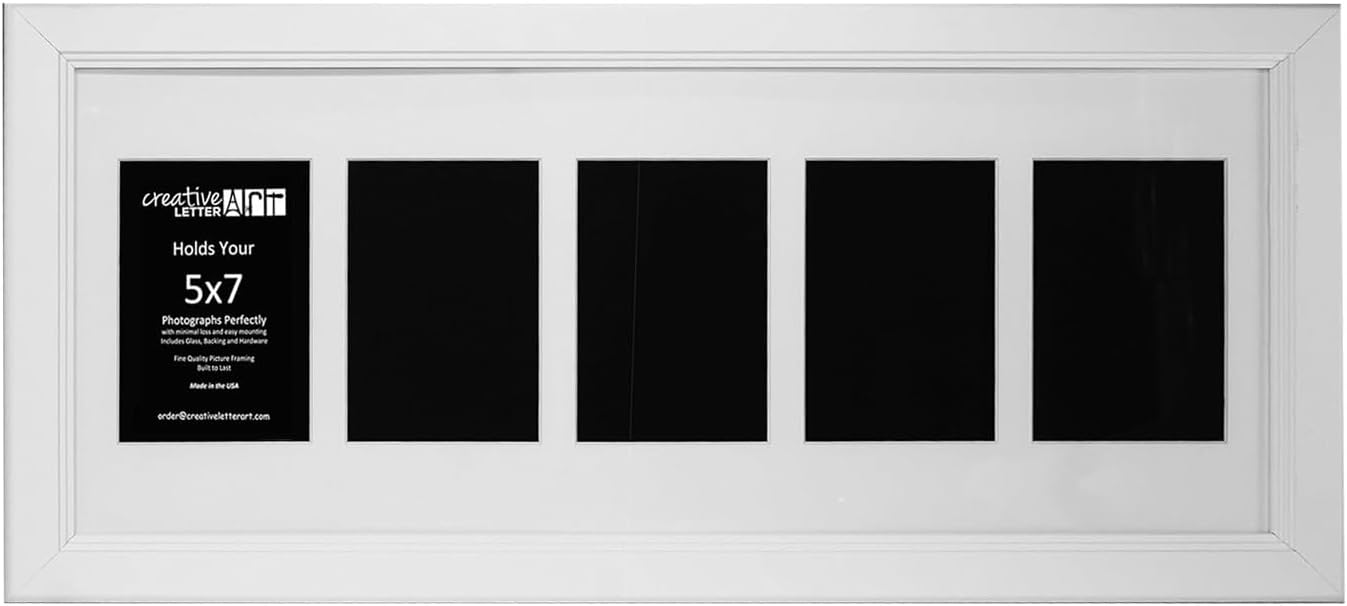 Creative Letter Art - 4 Opening 5x7 Black Picture Frame with 10x24-inch Black Mat Collage including Full Strength Glass, Alphabet Photography