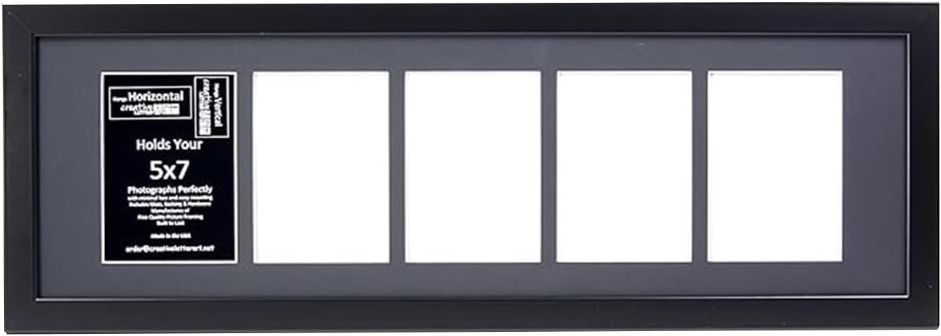 Creative Letter Art - 4 Opening 5x7 Black Picture Frame with 10x24-inch Black Mat Collage including Full Strength Glass, Alphabet Photography