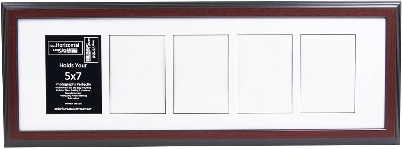 Creative Letter Art - 4 Opening 5x7 Black Picture Frame with 10x24-inch Black Mat Collage including Full Strength Glass, Alphabet Photography