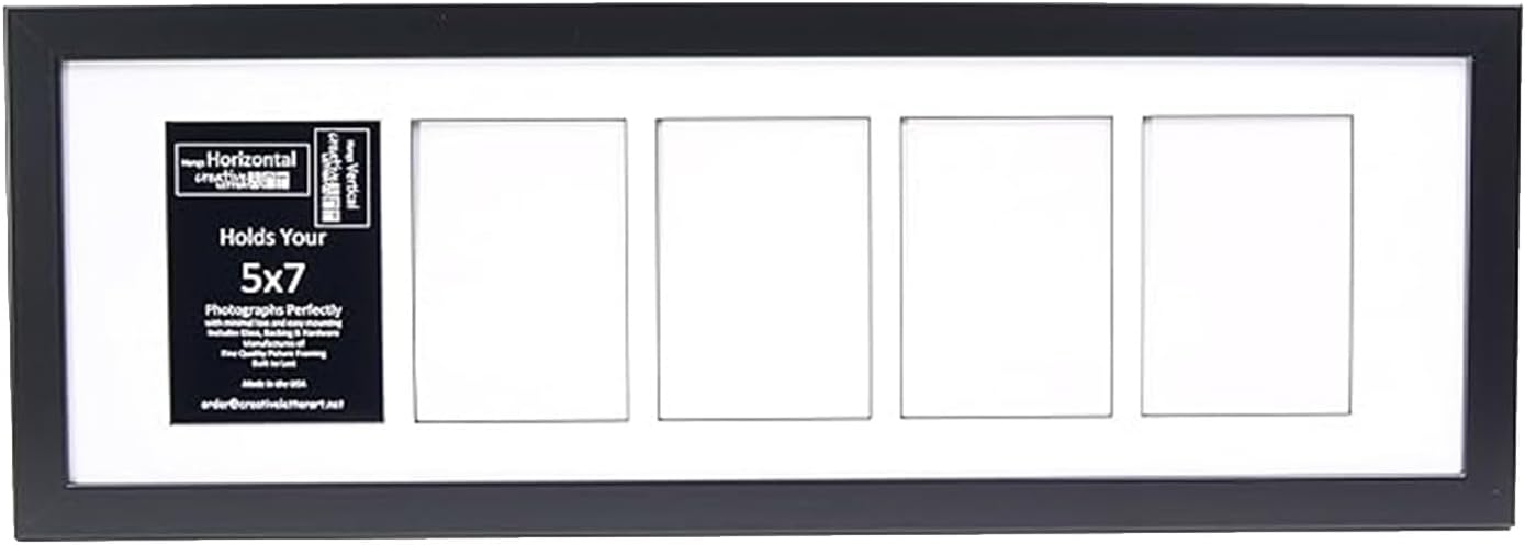 Creative Letter Art - 4 Opening 5x7 Black Picture Frame with 10x24-inch Black Mat Collage including Full Strength Glass, Alphabet Photography