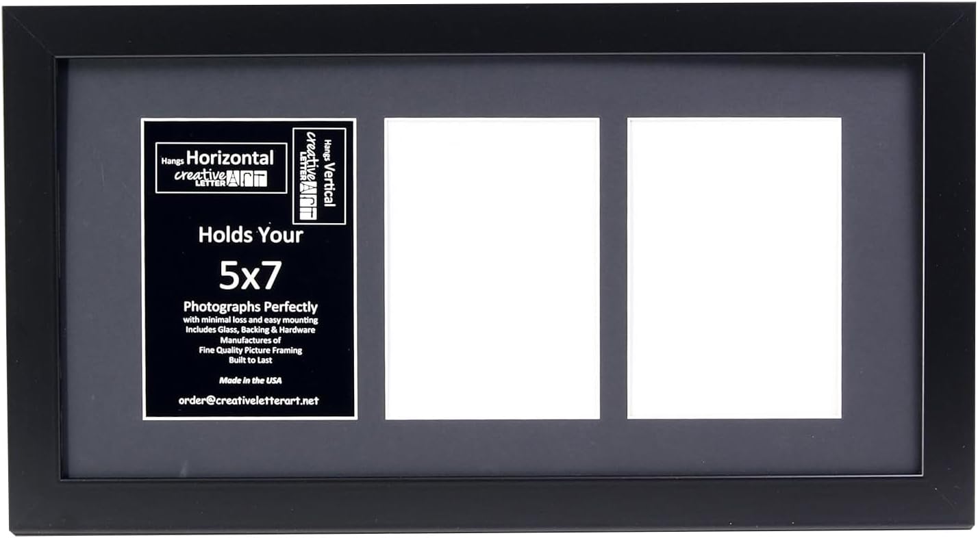 Creative Letter Art - 4 Opening 5x7 Black Picture Frame with 10x24-inch Black Mat Collage including Full Strength Glass, Alphabet Photography