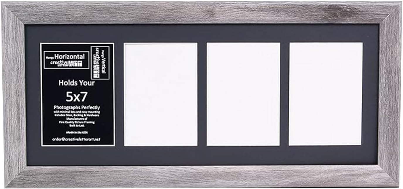 Creative Letter Art - 4 Opening 5x7 Black Picture Frame with 10x24-inch Black Mat Collage including Full Strength Glass, Alphabet Photography