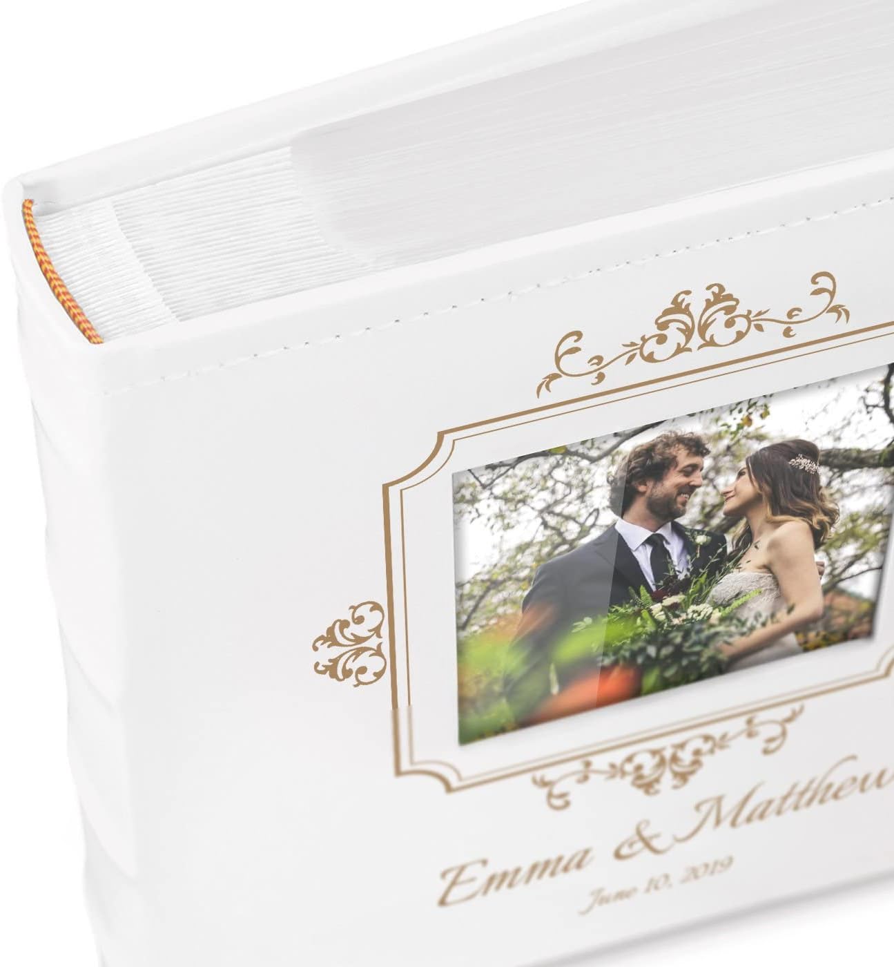 Maverton Slip-In Photo Album for couples - Engravable cover with a photo frame- White leatherette- 200 images- Personalized album for parents - For Wedding - photo frame