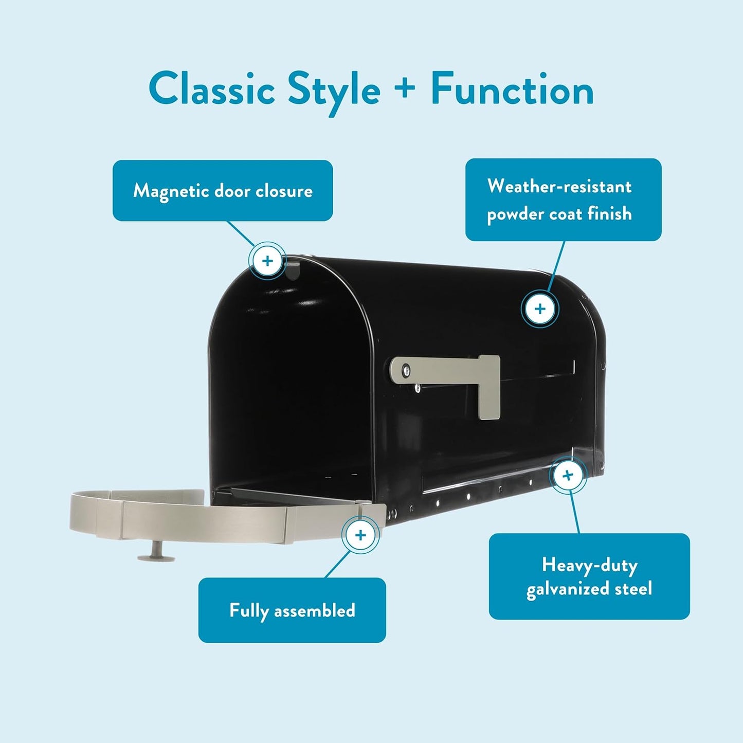 Brunswick Large, Steel, Post Mount Mailbox, Black with Brushed Nickel