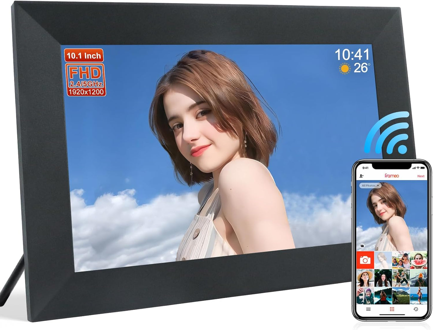 Frameo 10.1 Inch Smart WiFi Digital Photo Frame,Digital Picture Frame Wi-Fi with 32GB Storage & SD Slot, Electronic Picture Frame IPS Touch Screen with Auto-Rotate, Frameo Digital Frame WiFi -White