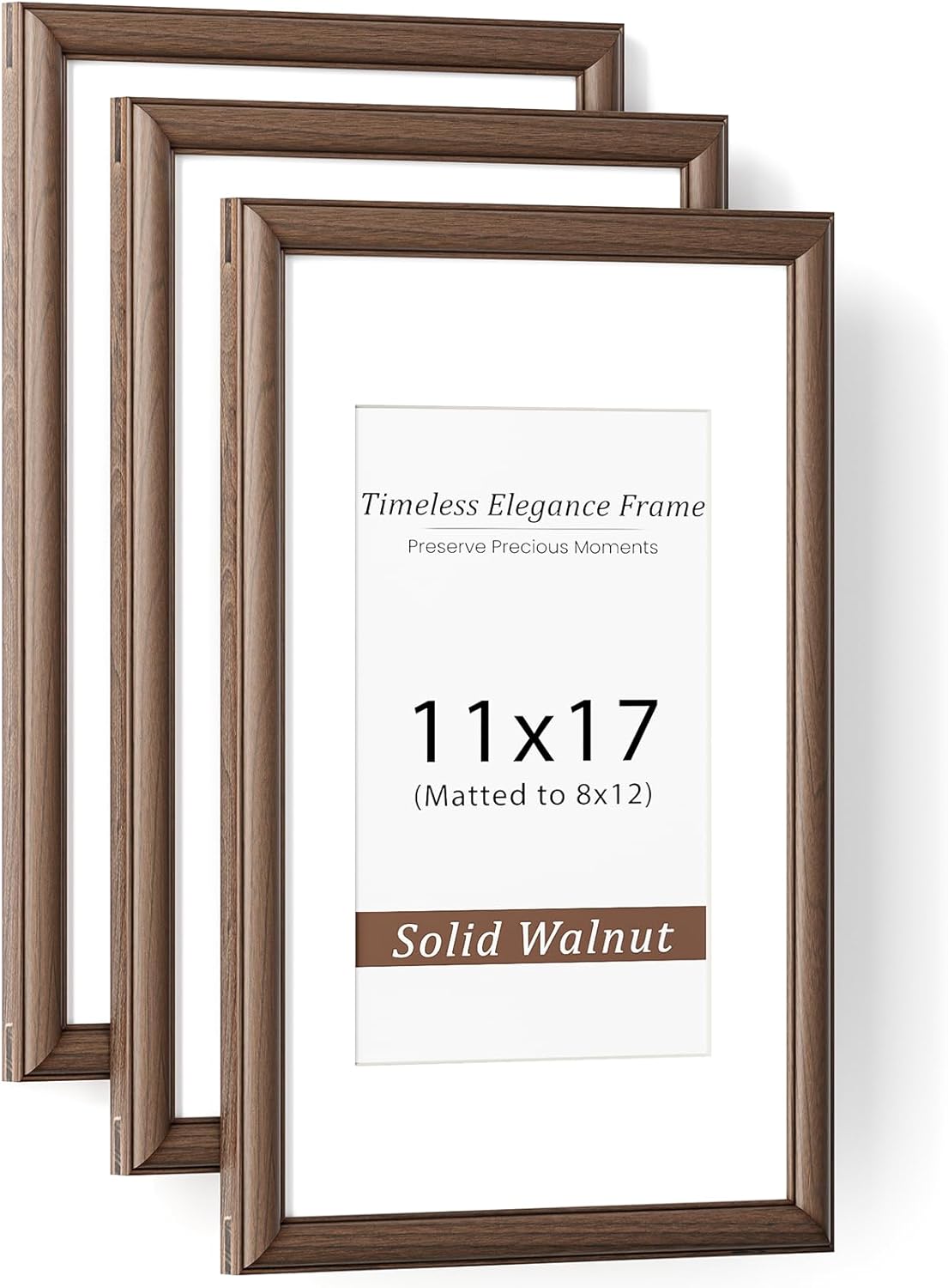 Natural Walnut 11x14 Picture Frames Mat to 8x10 Picture Display Set of 3,Original Wood Handcrafted 11x14 Diploma Frame with Tempered Glass Graduation Family Wedding Certificate Photo Wall Mounted