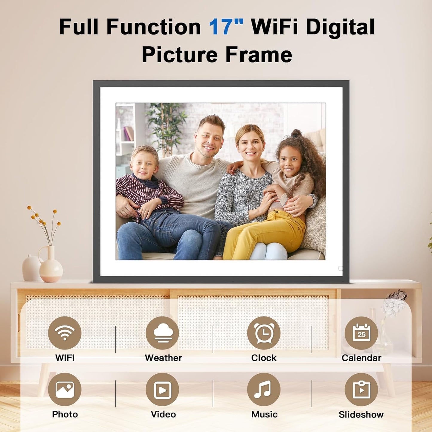 17-inch Digital Picture Album Large Digital Photo Frame - 32GB Smart Photo Frame, Motion Sensor, Send Pictures or Videos via App Email to WiFi Photo Frame, Unlimited Cloud Storage, Wall Mountable