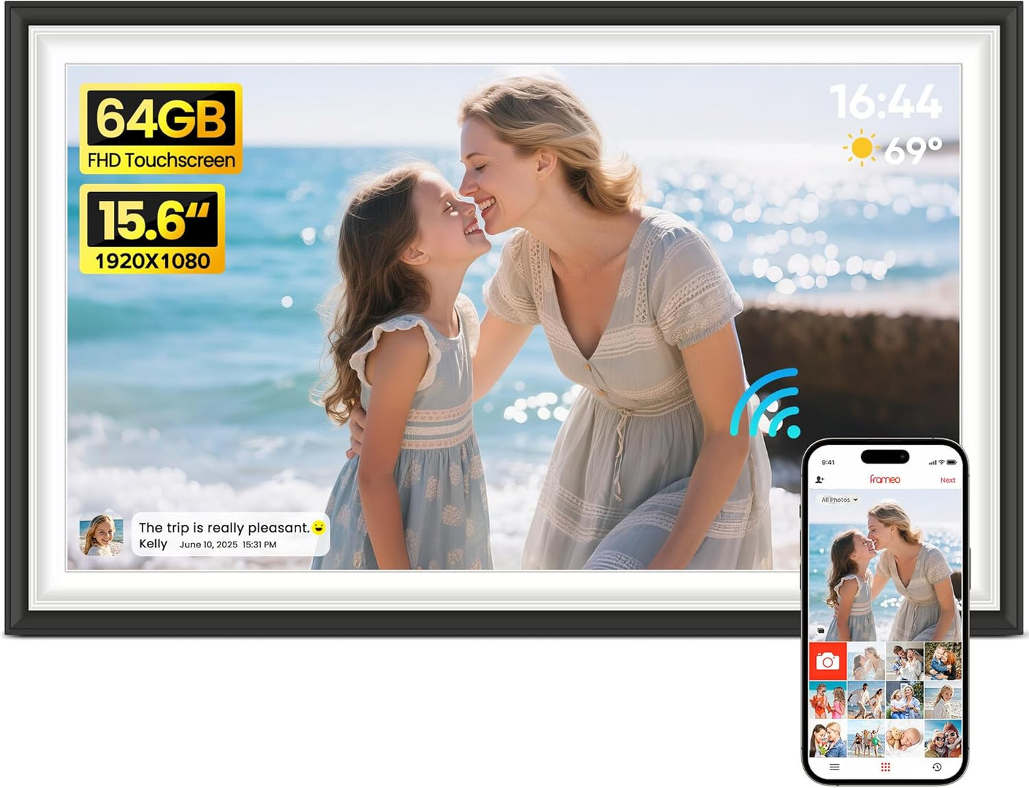 Frameo 10.1" Digital Picture Frame with 32GB Memory WiFi Electronic Photo Frame Wood 1280 x 800 IPS Touch Screen Auto-Rotate Slideshow Wall Mountable Share Photos/Video Remotely Anywhere