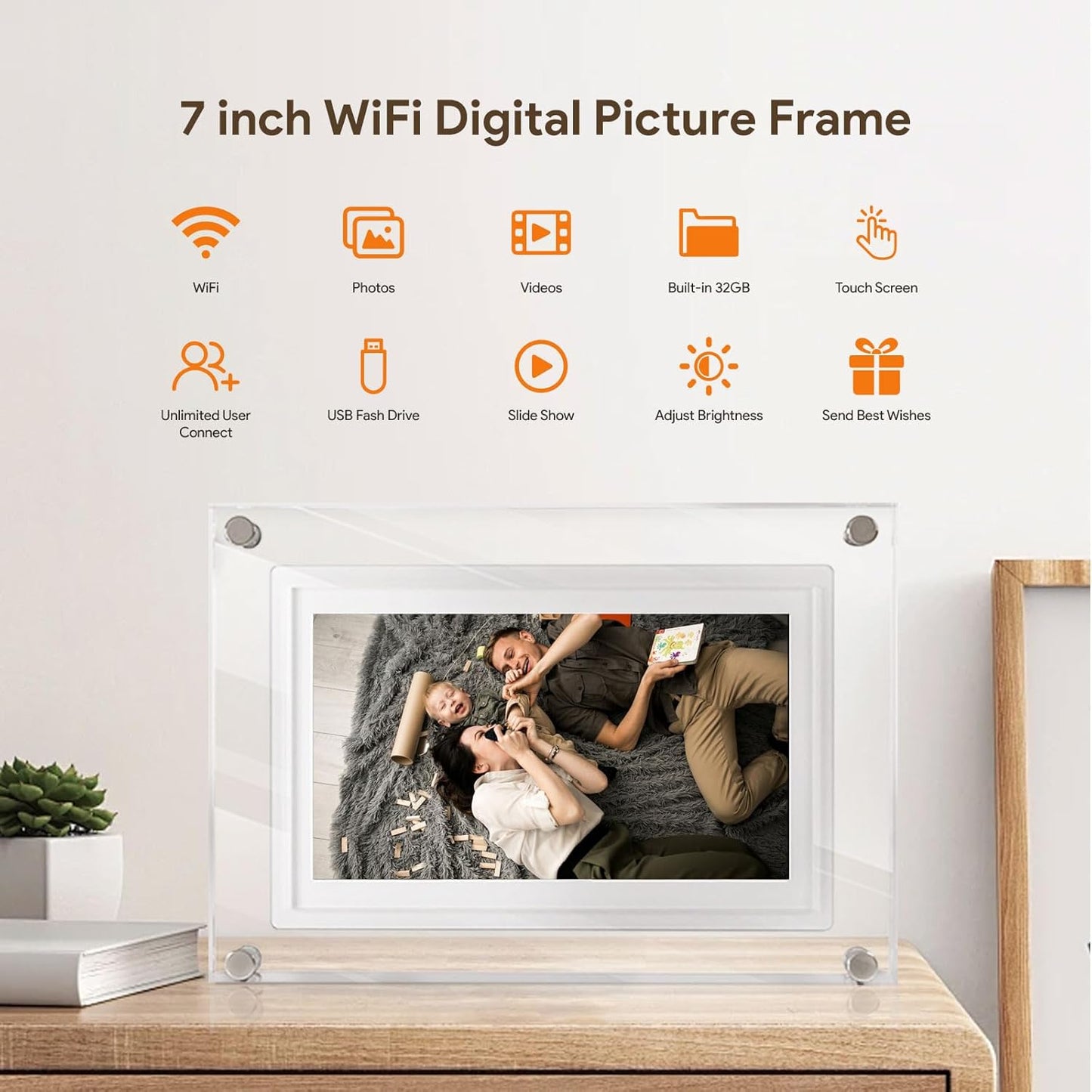 7 inch WiFi Digital Picture Frame,Acrylic Smart Digital Photo Frame,32GB Large Capacity HD IPS Touchscreen,Auto-Rotate,Share Photos/Videos Instantly Via Frameo App from Anywhere