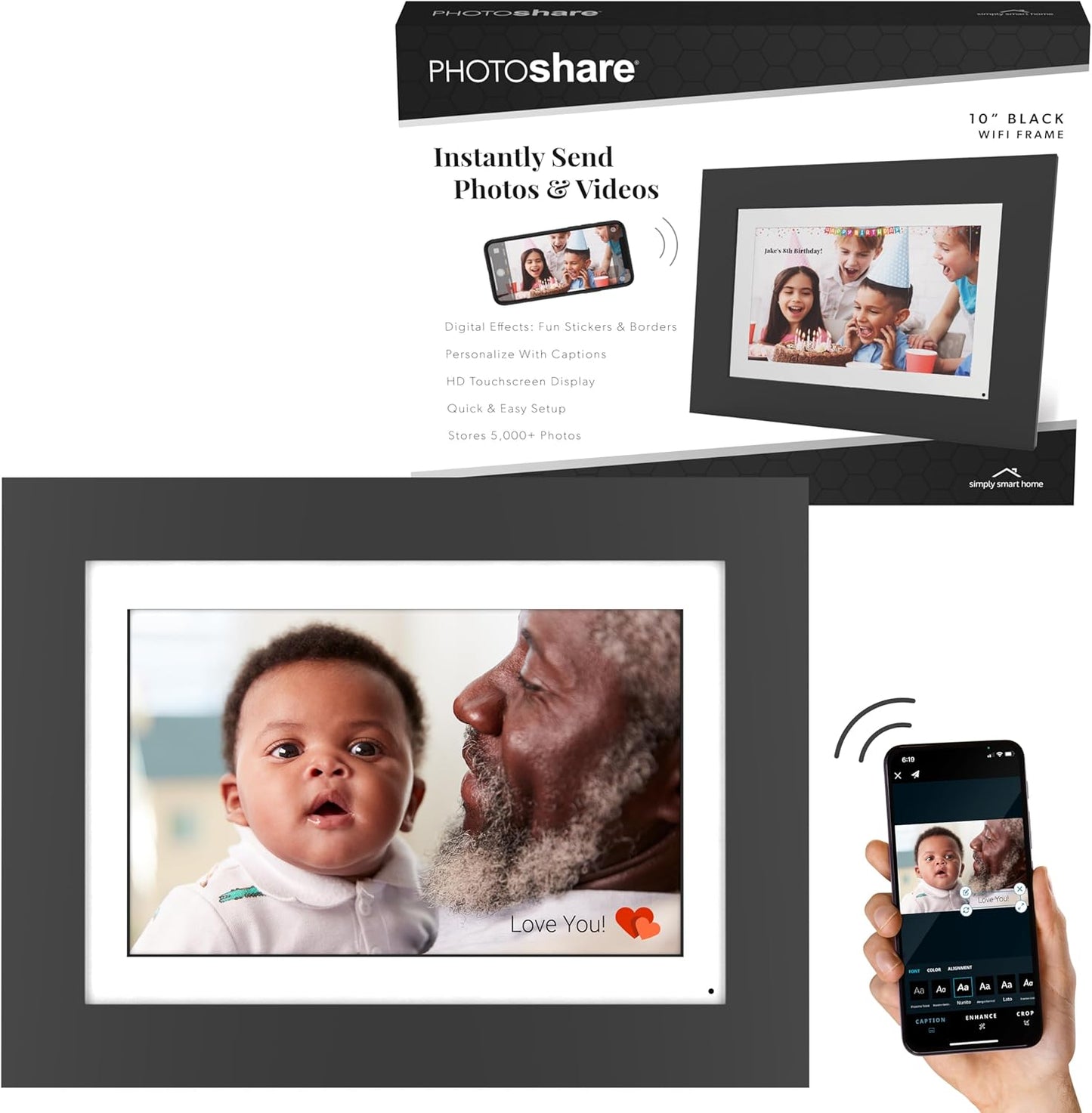 PhotoShare Gallery 10.1” WiFi Digital Photo Frame | Send Photo or Video from Phone to Digital Picture Frame with Free PhotoShare Frame App | End-to-End Encryption | Midnight Black