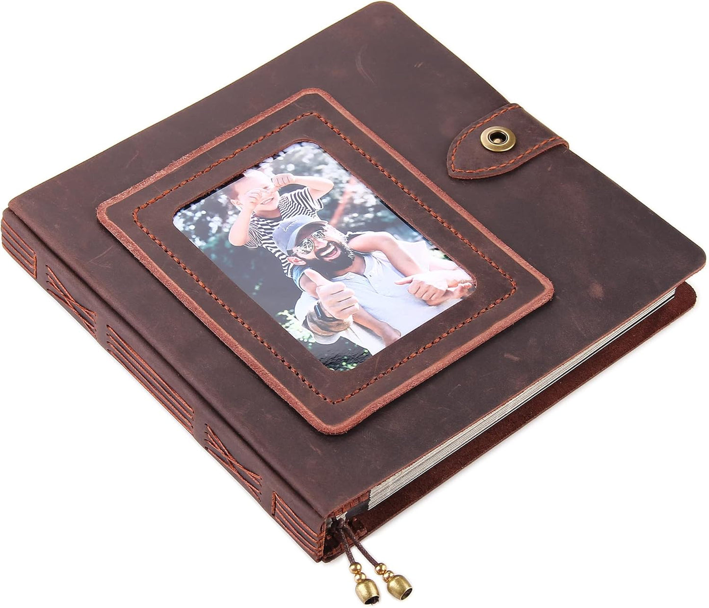 Robrasim Brown Leather Self-Adhesive Photo Album, 9.6x9.6x1.3 in, Holds 3x5, 4x6, 5x7, 6x8 Photos