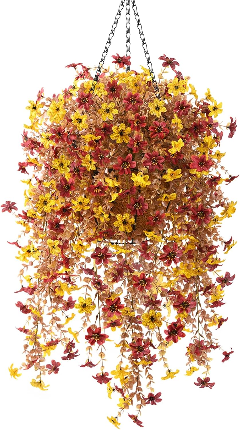 INQCMY Artificial Faux Hanging Flowers Plants Basket for Outdoor Outside Spring Summer Decoration,UV Resistant Fake Silk Daisy in Planter Resistant Look Real for Home Porch Balcony Patio Yard Decor