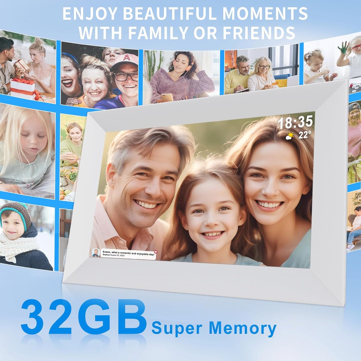Frameo 10.1 Inch Smart WiFi Digital Photo Frame,Digital Picture Frame Wi-Fi with 32GB Storage & SD Slot, Electronic Picture Frame IPS Touch Screen with Auto-Rotate, Frameo Digital Frame WiFi -White