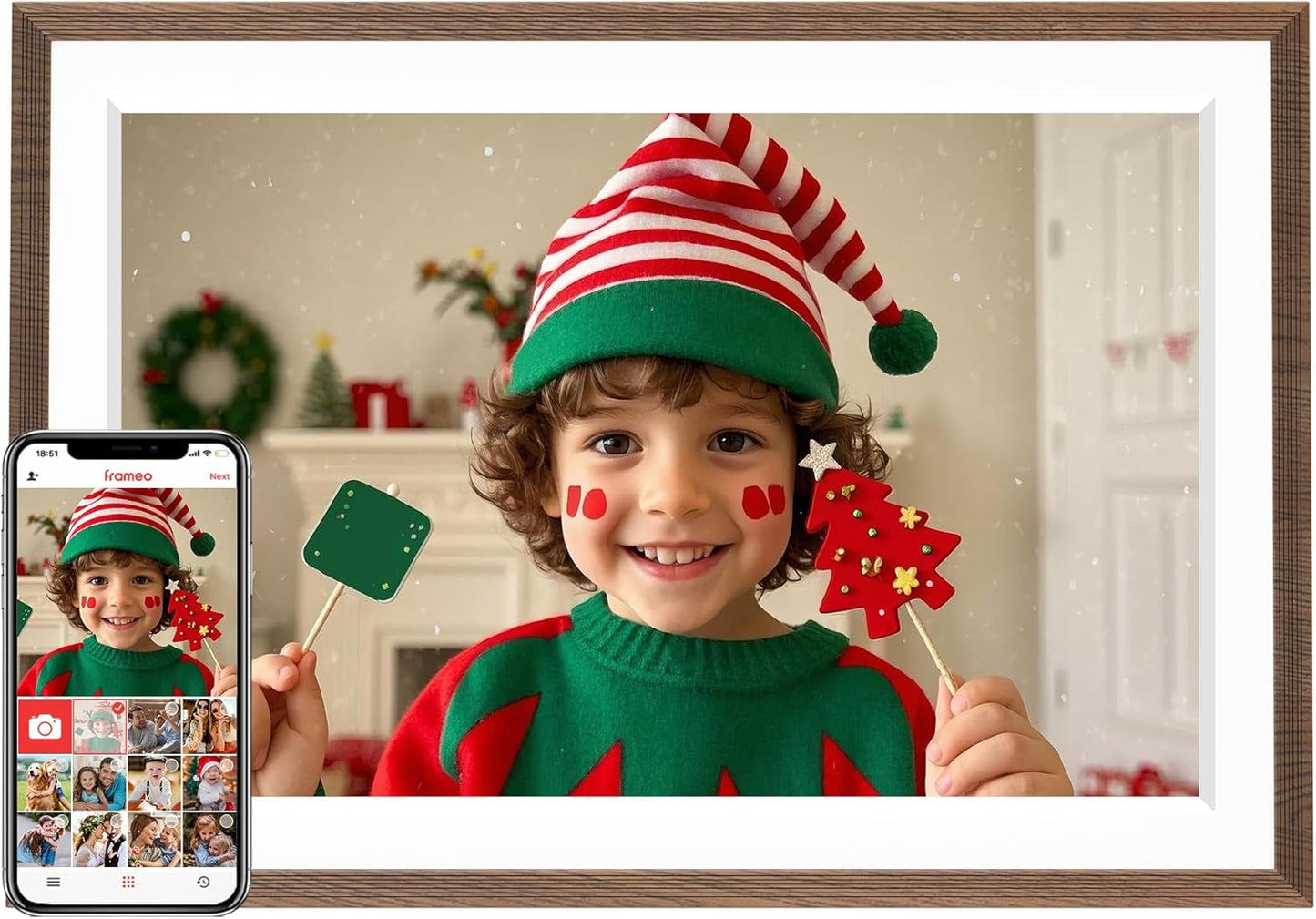 Frameo 10.1" Digital Picture Frame with 32GB Memory WiFi Electronic Photo Frame Wood 1280 x 800 IPS Touch Screen Auto-Rotate Slideshow Wall Mountable Share Photos/Video Remotely Anywhere