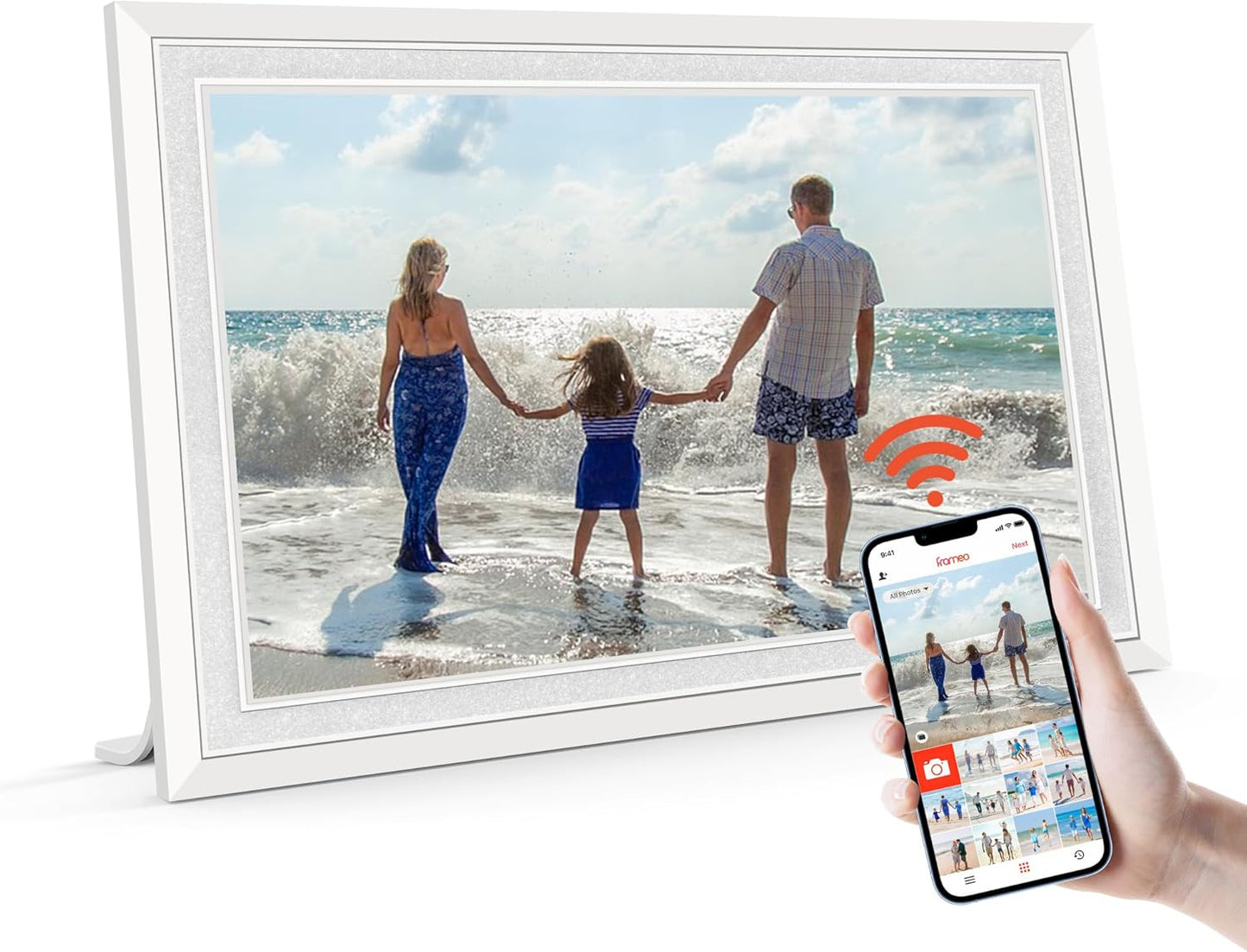 Frameo 10.1" Digital Picture Frame with 32GB Memory WiFi Electronic Photo Frame Wood 1280 x 800 IPS Touch Screen Auto-Rotate Slideshow Wall Mountable Share Photos/Video Remotely Anywhere