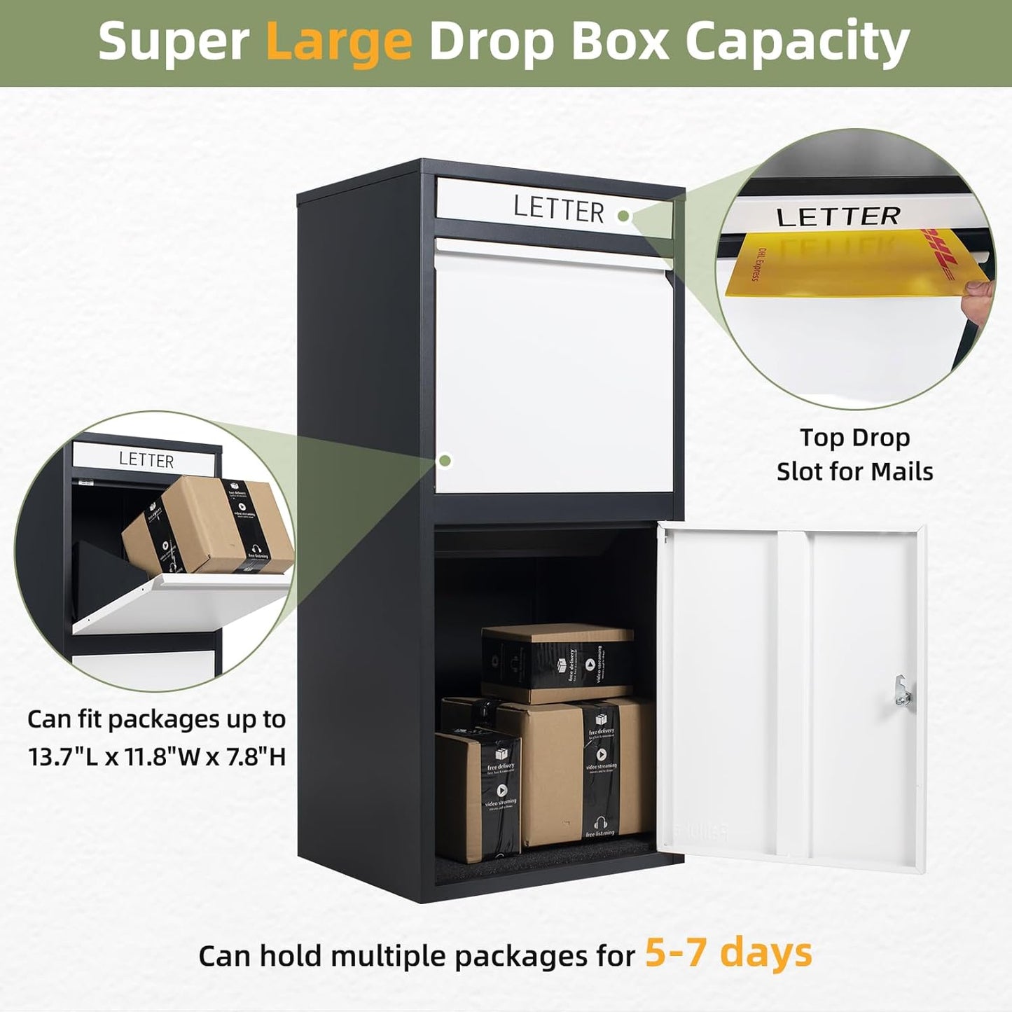Package Delivery Boxes for Outside, Extra Large Capacity Modern Mailbox, Outdoor Freestanding Porch Box for Packages (Black and White)