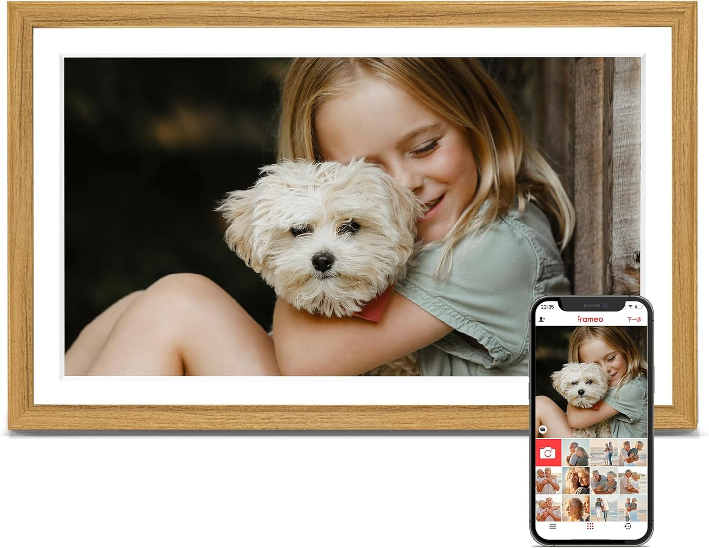 Digital Picture Frame, 15.6 Inch Frameo Digital Frame WiFi, 1920*1080 IPS FHD Touchscreen, 32GB, Tabletop&Wall-Mounted, Share Picture Video, Electronic Photo Frame Slideshow, Gifts for Mom, White Clay