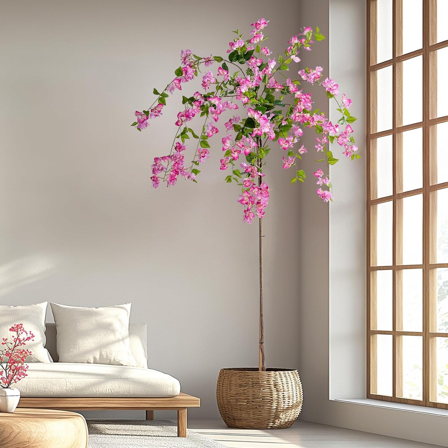 5FT Artificial Bougainvillea Tree Artificial Tree Tall Potted Fake Bougainvillea Trees for Outdoor Indoor Lifelike Potted Faux Plants with Wood Trunk and Flowers Office Wedding Home Decor