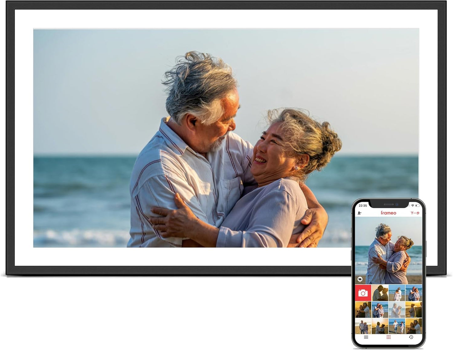 Digital Picture Frame, 15.6 Inch Frameo Digital Frame WiFi, 1920*1080 IPS FHD Touchscreen, 32GB, Tabletop&Wall-Mounted, Share Picture Video, Electronic Photo Frame Slideshow, Gifts for Mom, White Clay