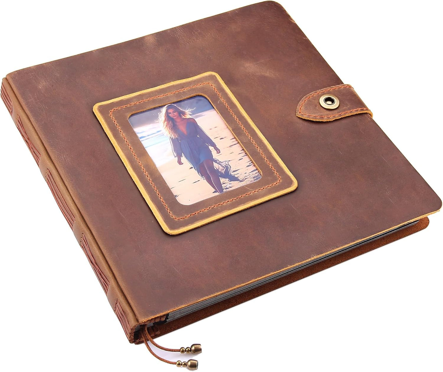 Robrasim Brown Leather Self-Adhesive Photo Album, 9.6x9.6x1.3 in, Holds 3x5, 4x6, 5x7, 6x8 Photos