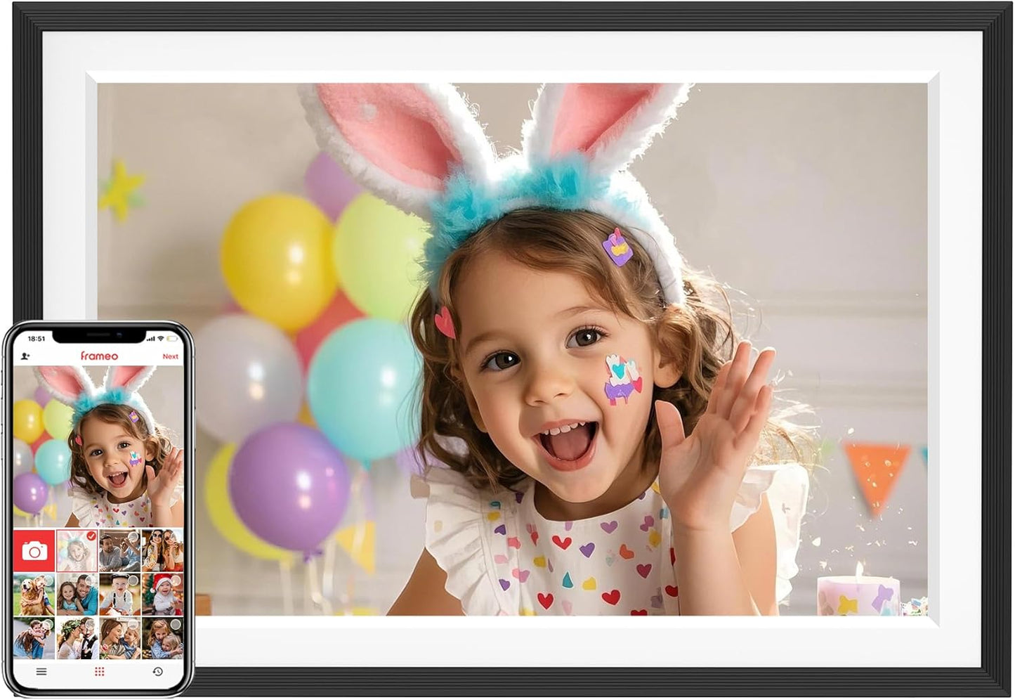 Frameo 10.1" Digital Picture Frame with 32GB Memory WiFi Electronic Photo Frame Wood 1280 x 800 IPS Touch Screen Auto-Rotate Slideshow Wall Mountable Share Photos/Video Remotely Anywhere