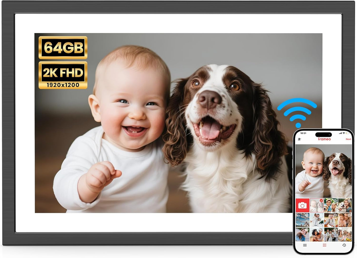 Frameo 10.1" Digital Picture Frame with 32GB Memory WiFi Electronic Photo Frame Wood 1280 x 800 IPS Touch Screen Auto-Rotate Slideshow Wall Mountable Share Photos/Video Remotely Anywhere
