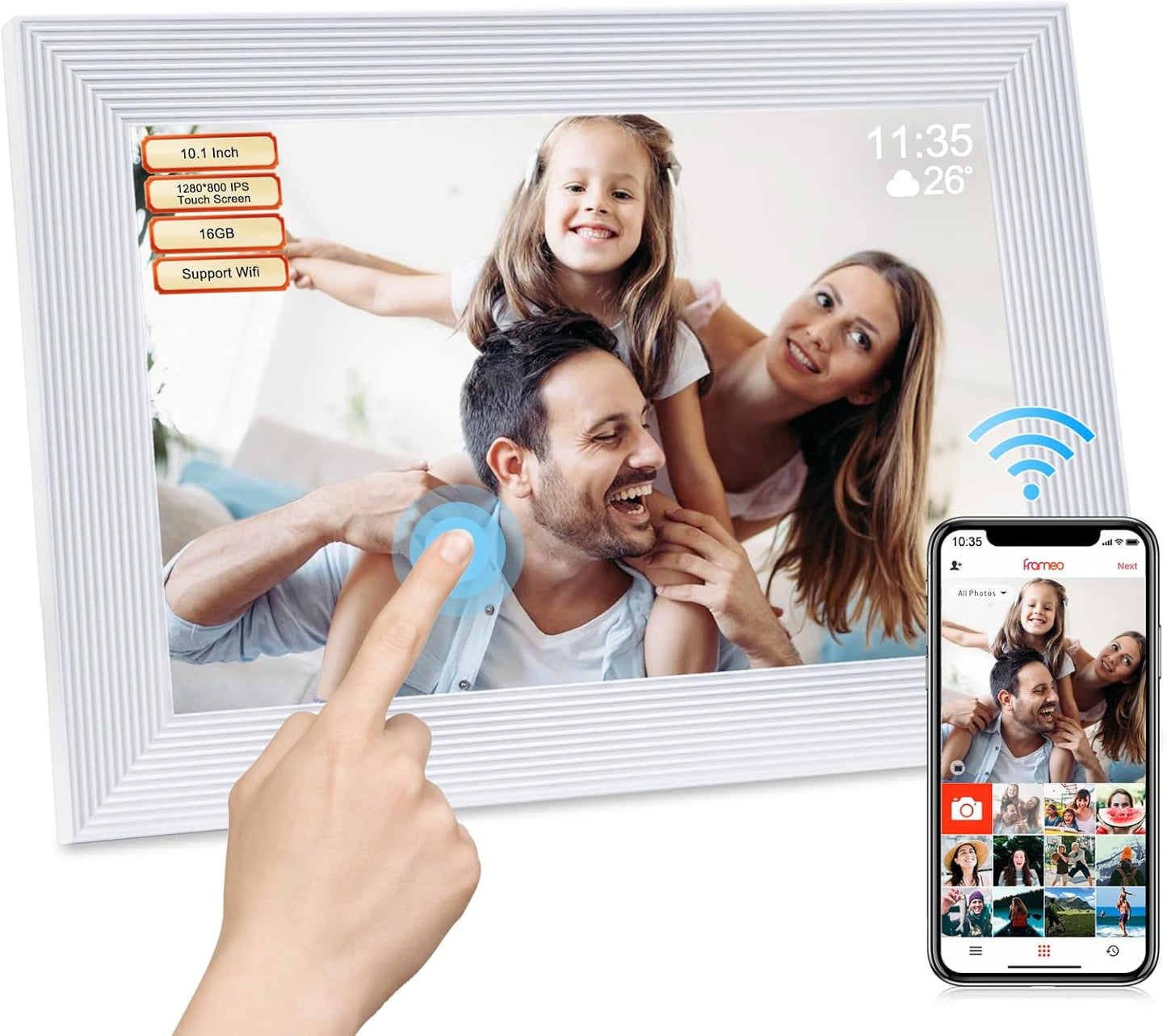 Frameo 10.1 Inch Smart WiFi Digital Photo Frame,Digital Picture Frame Wi-Fi with 32GB Storage & SD Slot, Electronic Picture Frame IPS Touch Screen with Auto-Rotate, Frameo Digital Frame WiFi -White