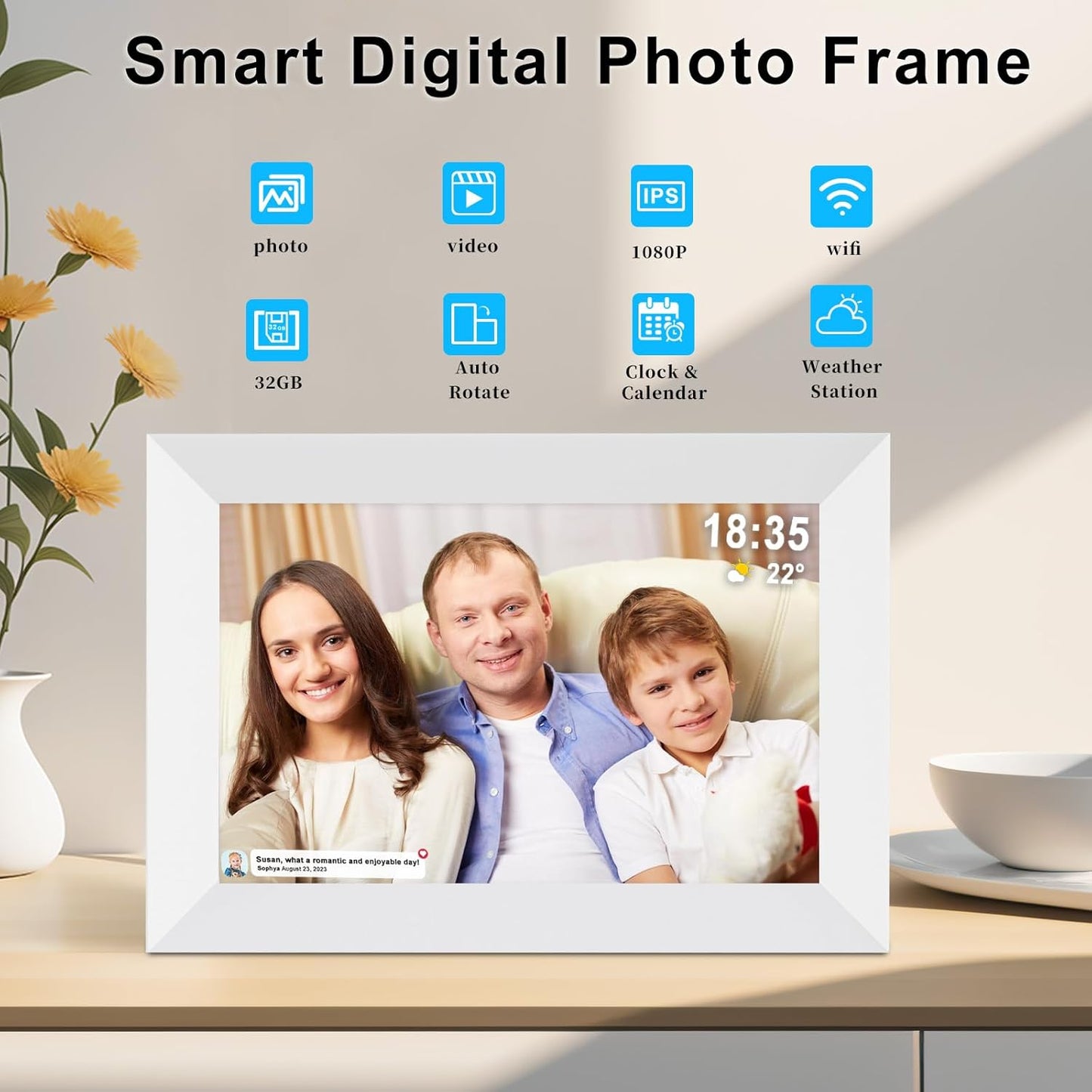 Frameo 10.1 Inch Smart WiFi Digital Photo Frame,Digital Picture Frame Wi-Fi with 32GB Storage & SD Slot, Electronic Picture Frame IPS Touch Screen with Auto-Rotate, Frameo Digital Frame WiFi -White