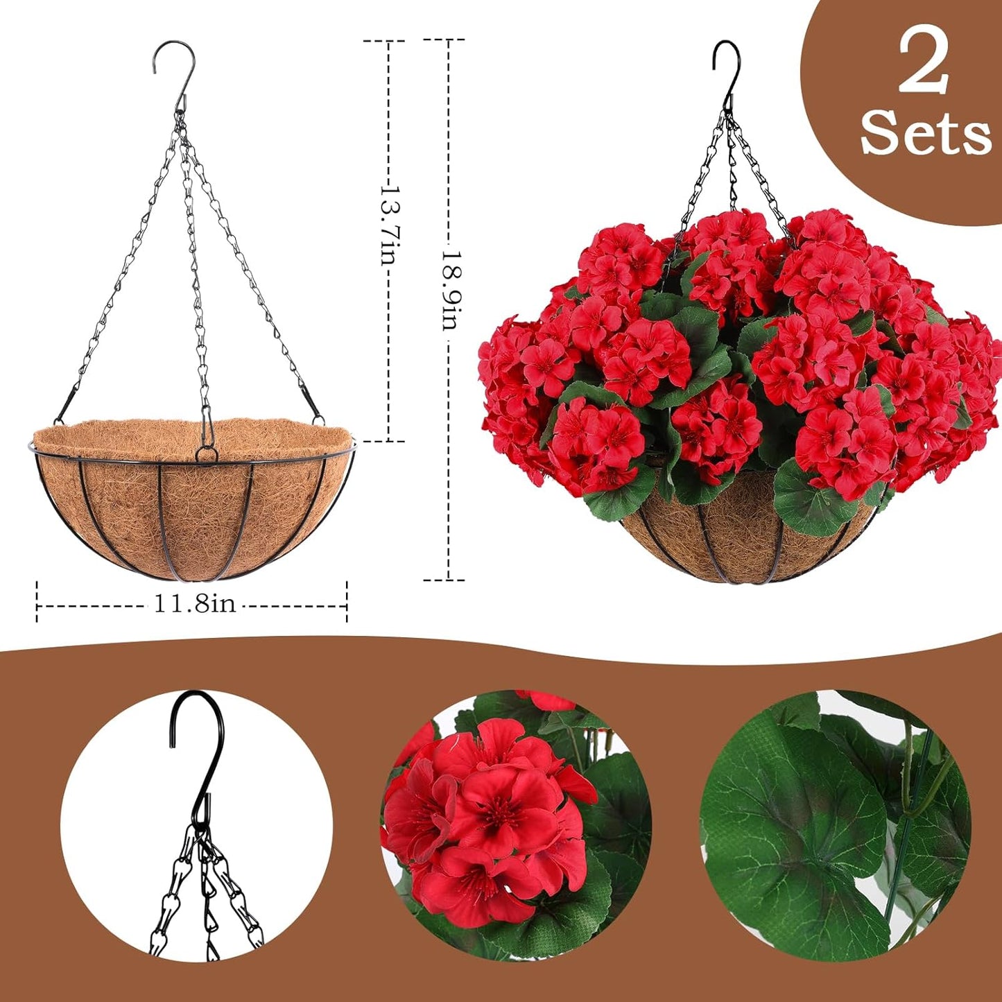 Hananona 2 Set Artificial Outdoor Geraniums Flowers with Hanging Basket, 2 Hanging Planters with 12 Pcs Red Geranium Flowers for Spring Summer Front Porch Garden Patio Home Decor (2, Red)