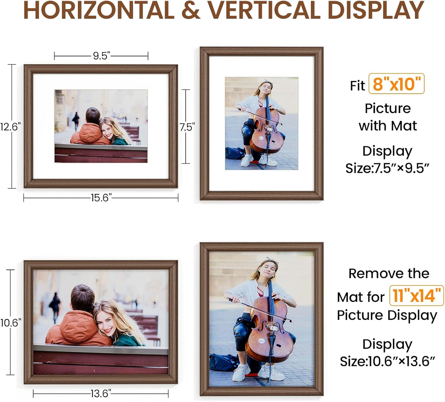 Natural Walnut 11x14 Picture Frames Mat to 8x10 Picture Display Set of 3,Original Wood Handcrafted 11x14 Diploma Frame with Tempered Glass Graduation Family Wedding Certificate Photo Wall Mounted