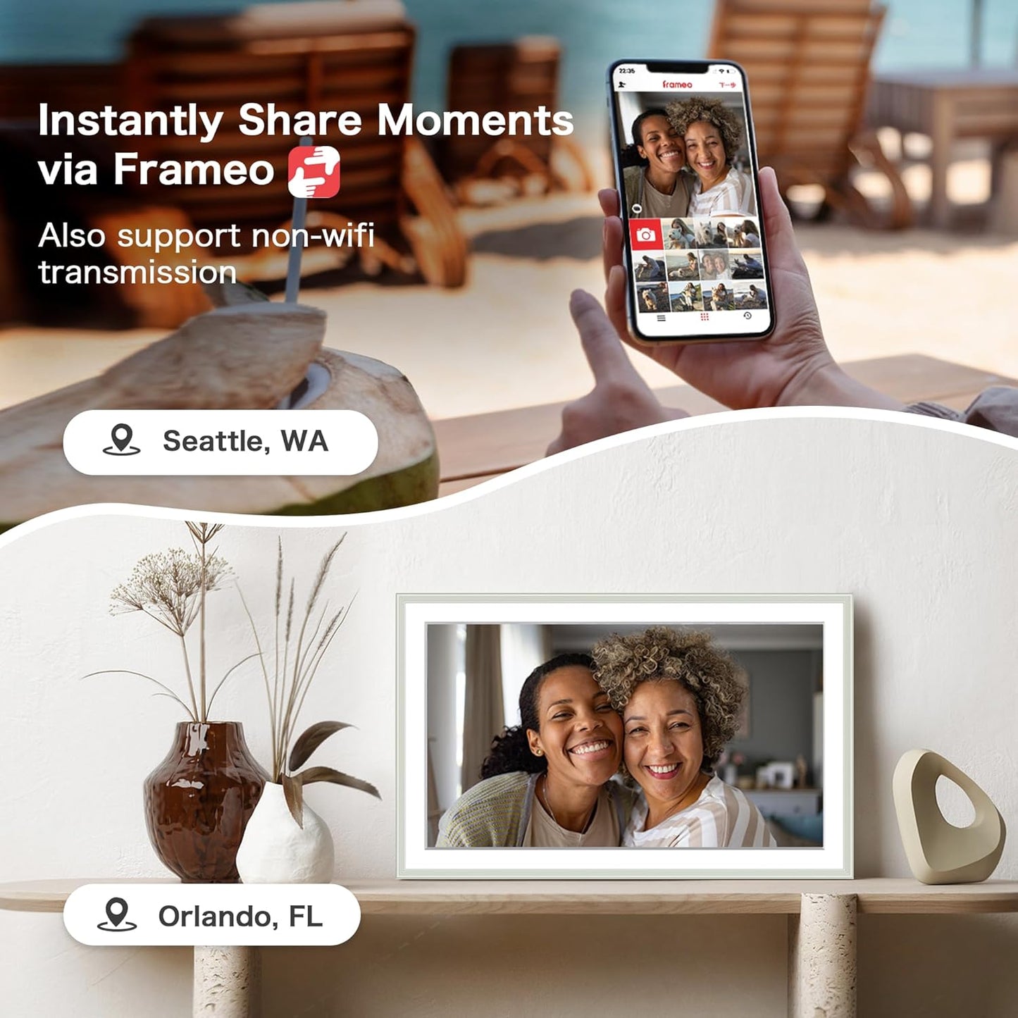Digital Picture Frame, 15.6 Inch Frameo Digital Frame WiFi, 1920*1080 IPS FHD Touchscreen, 32GB, Tabletop&Wall-Mounted, Share Picture Video, Electronic Photo Frame Slideshow, Gifts for Mom, White Clay