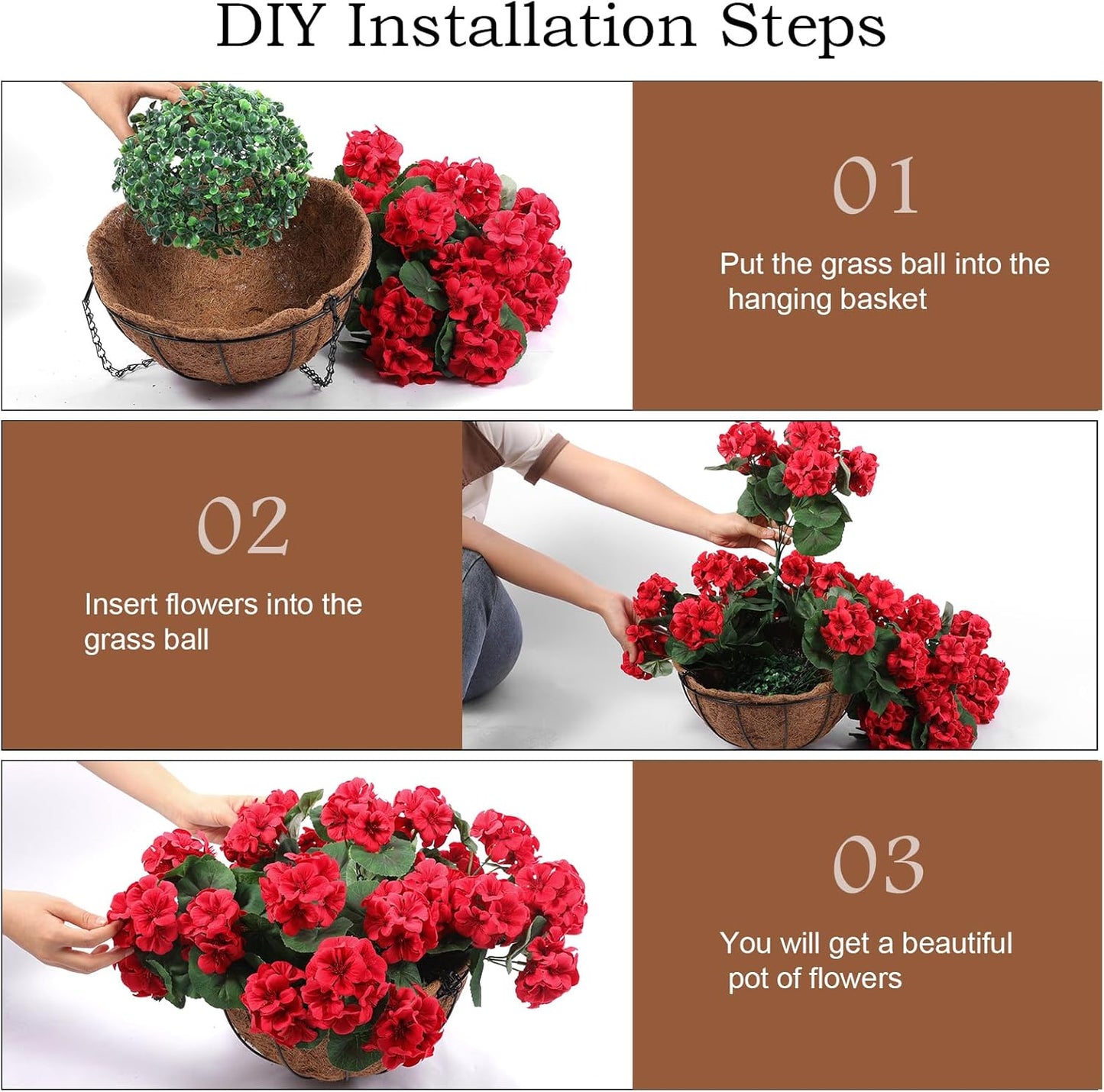 Hananona 2 Set Artificial Outdoor Geraniums Flowers with Hanging Basket, 2 Hanging Planters with 12 Pcs Red Geranium Flowers for Spring Summer Front Porch Garden Patio Home Decor (2, Red)