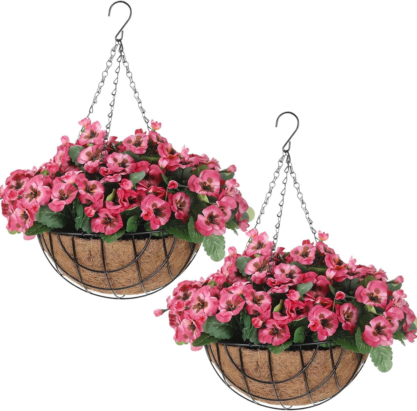 2 Pack Artificial Hanging Flowers in Basket for Spring Summer Outdoor Decor Fake Hanging Plant Faux Pansy Flower with 12 Inch Coconut Lining Basket for Patio Garden Porch Home(White)