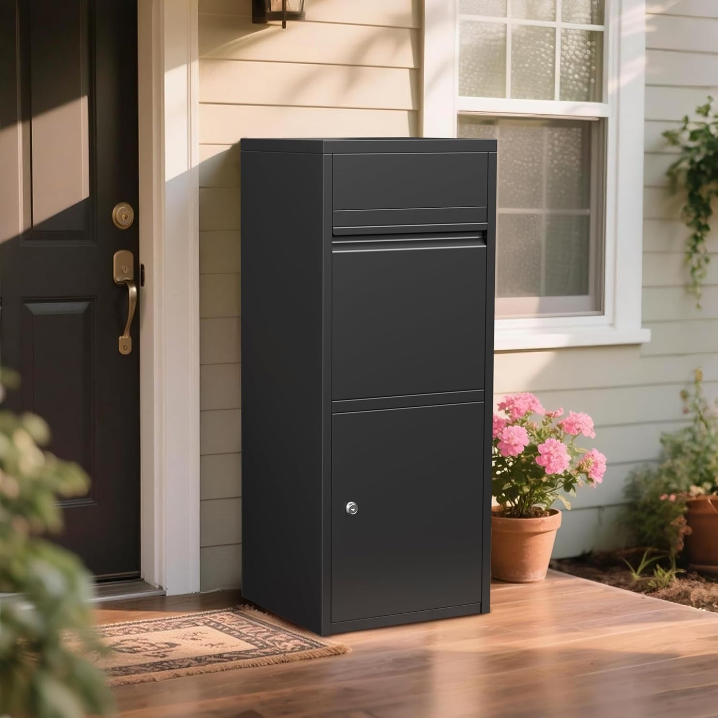 Merapi Parcel Drop Boxes for Outside, 16.3" *15.2"* 40.4" Cold-Rolled Steel Delivery Box for Packages, Anti-Theft Lockable Package Delivery Boxes for Outside, Porch, House, Curbside, Black-BD