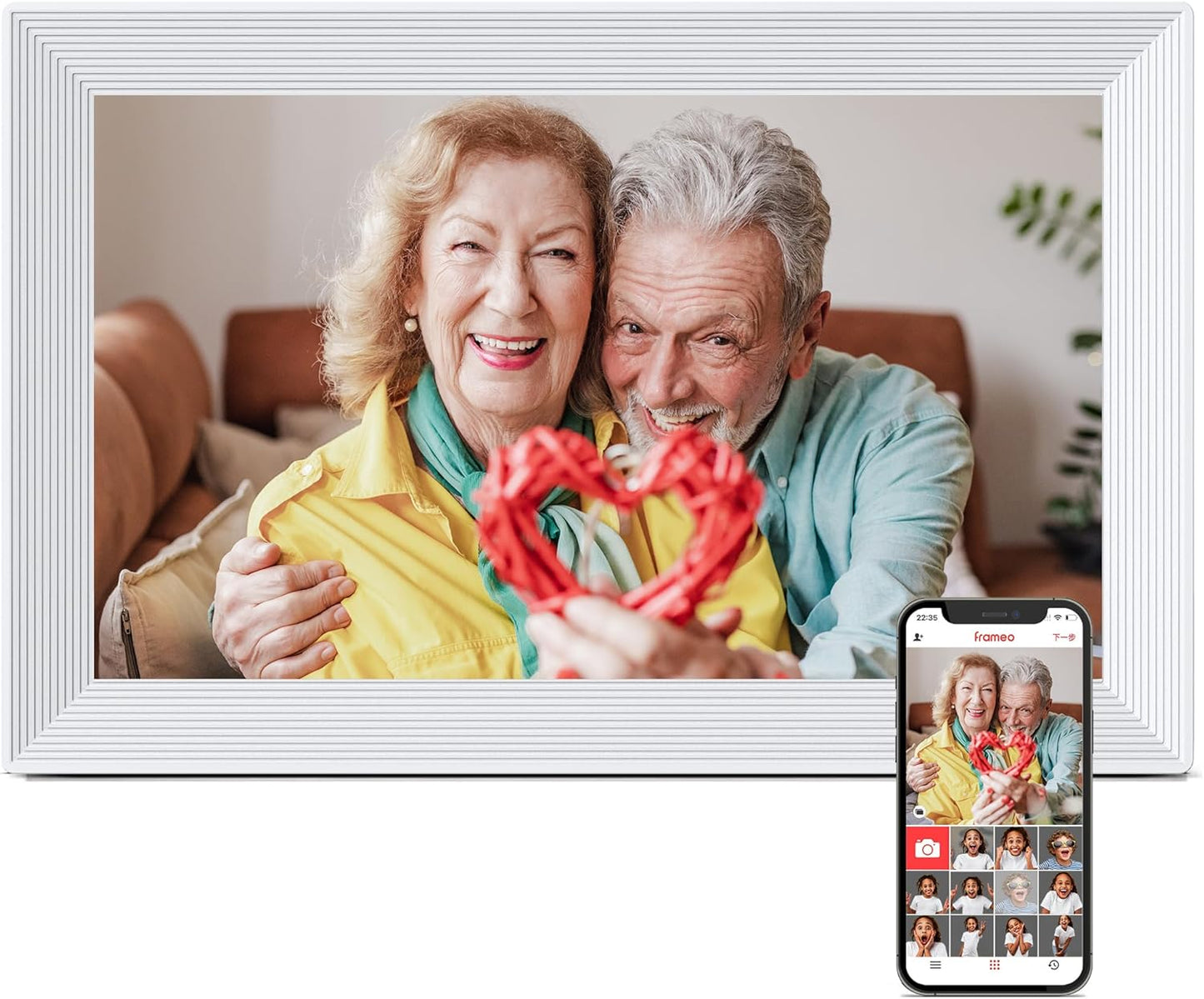 Digital Picture Frame, 15.6 Inch Frameo Digital Frame WiFi, 1920*1080 IPS FHD Touchscreen, 32GB, Tabletop&Wall-Mounted, Share Picture Video, Electronic Photo Frame Slideshow, Gifts for Mom, White Clay