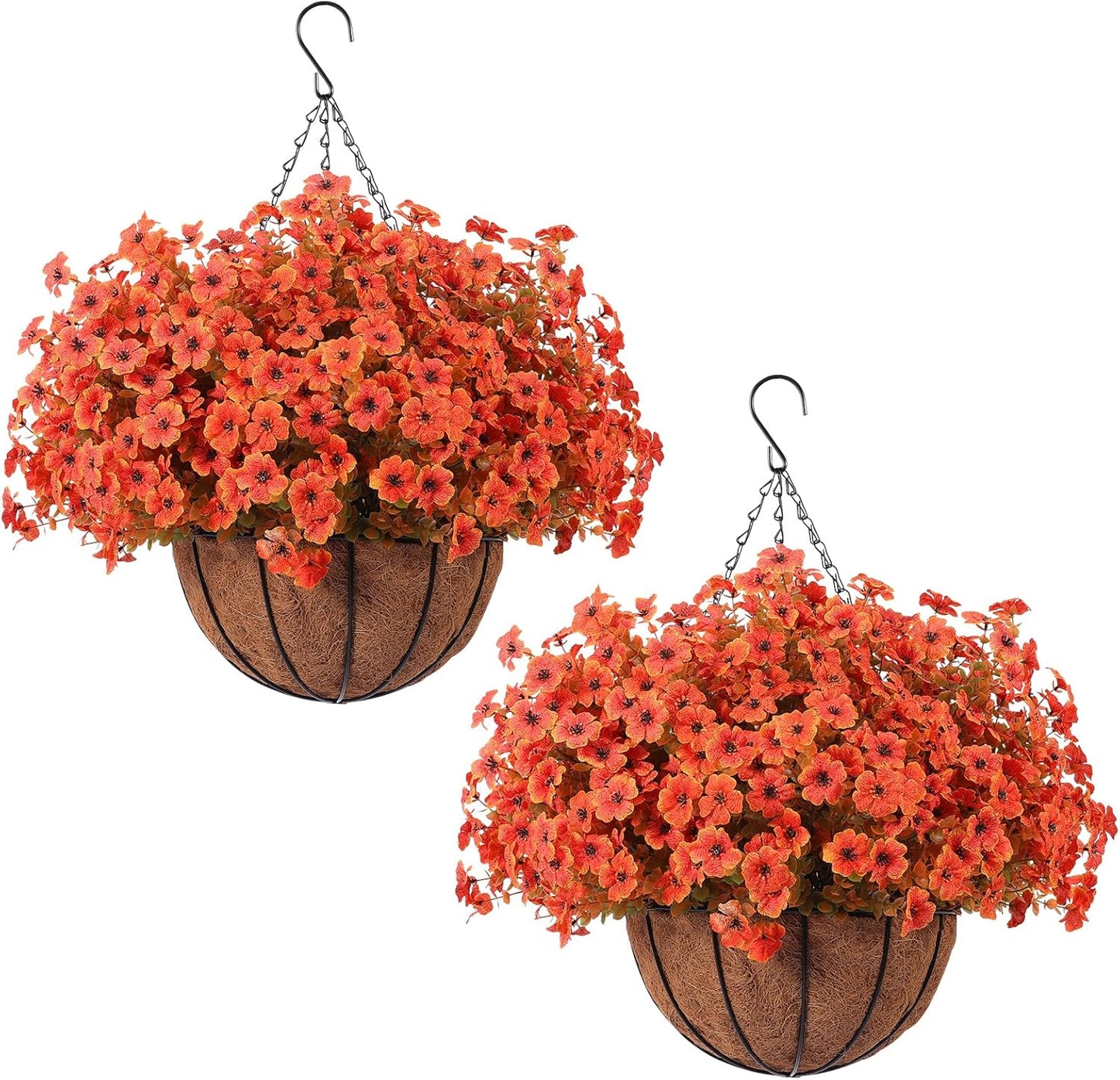 Hananona 2 Set Artificial Outdoor Flowers with Hanging Basket, 2 Hanging Planters with 24 Pcs Flowers for Spring Summer Front Porch Garden Patio Home Decor (2, Red, Purple, Yellow, Rose Red)