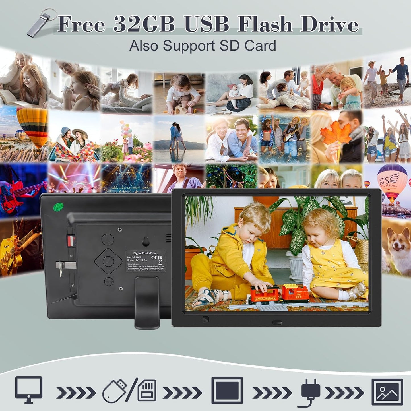 10.1 Inch Digital Picture Frame with 32GB USB Flash Drive, KECAG 1920x1080 HD IPS Screen Digital Photo Frame, Motion Sensor, Video, Music, Share Moments via SD Card or USB, with Remote Control