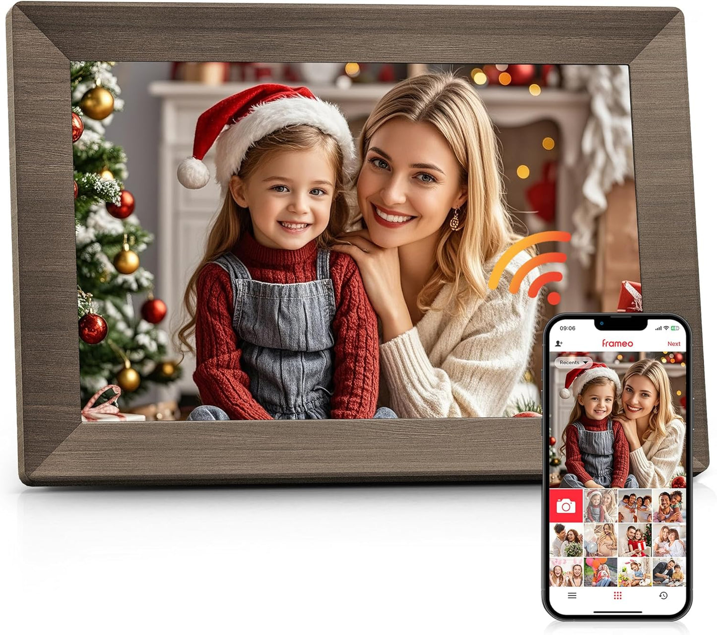 Frameo 10.1" Digital Picture Frame with 32GB Memory WiFi Electronic Photo Frame Wood 1280 x 800 IPS Touch Screen Auto-Rotate Slideshow Wall Mountable Share Photos/Video Remotely Anywhere